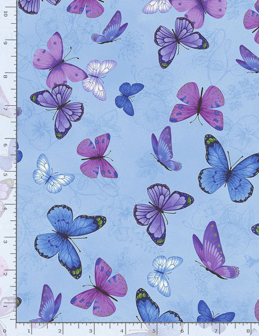 Pansy Paradise Butterflies on Etched Pansies Blue Chong-A-Hwang Timeless Treasures Cotton Fabric