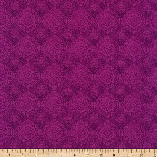 Pansy Prose Tonal Tile Raspberry Blank Cotton Fabric