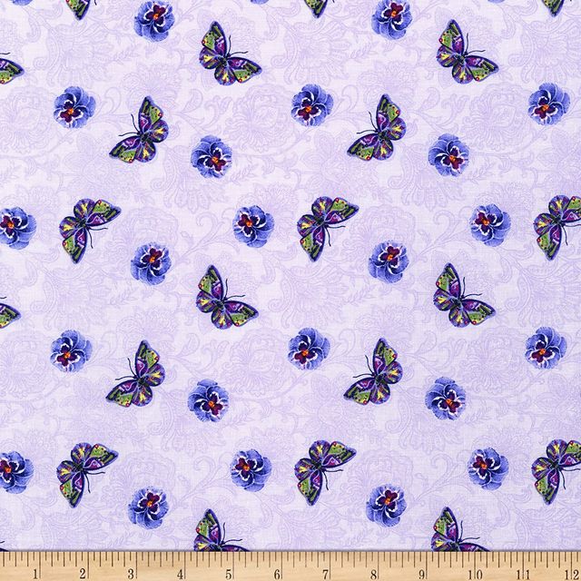 Pansy Prose Butterfly and Pansy Lilac Purple Blank Cotton Fabric