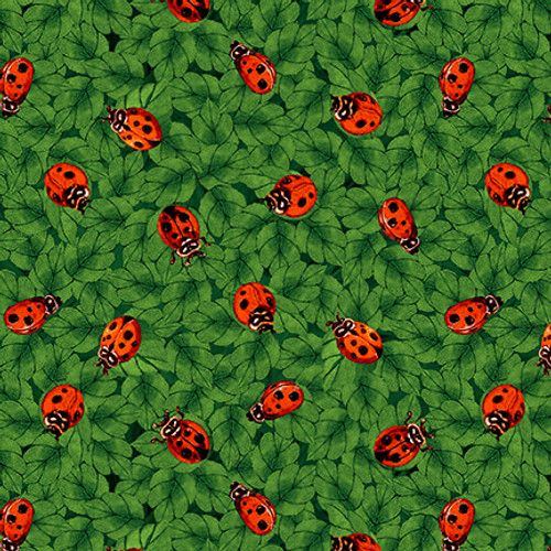 Pansy Prose Ladybugs Green Blank Quilting Cotton Fabric