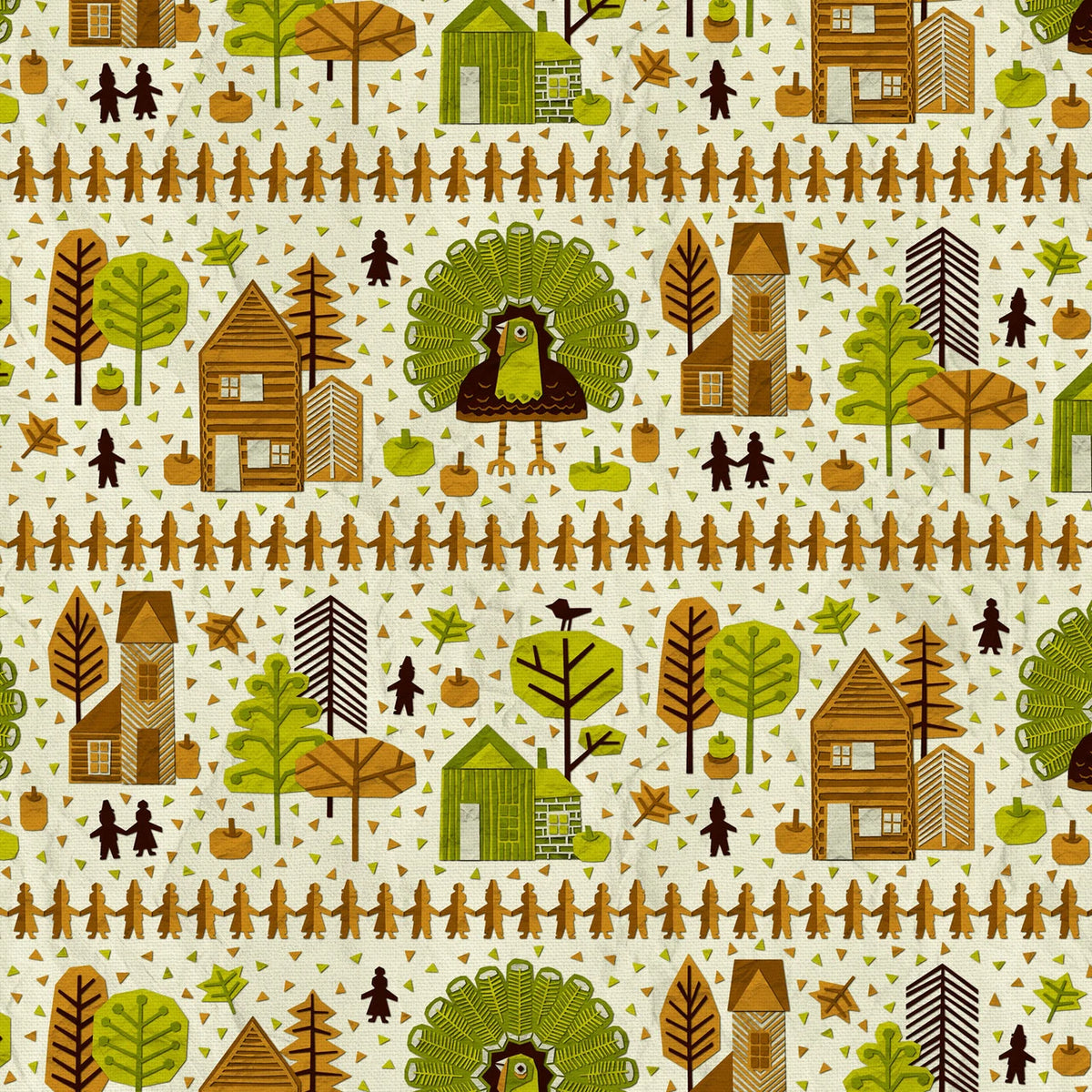 Paper-Cut Harvest Thanksgiving Paper-Cut Green Paintbrush Studios Cotton Fabric PBS-120-26009