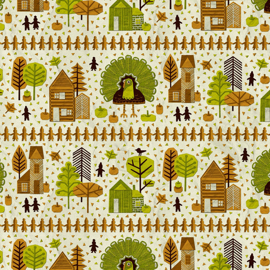 Paper-Cut Harvest Thanksgiving Paper-Cut Green Paintbrush Studios Cotton Fabric PBS-120-26009