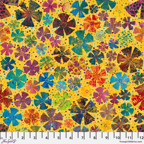 Paper Trees Flower Power Yellow Sue Penn Free Spirit Cotton Fabric