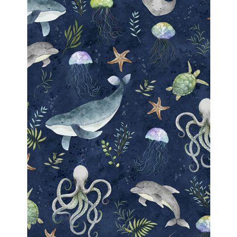 Paradise Bay Large Sea Creatures Allover Navy Lola Molina Wilmington Prints Fabrics Cotton Fabric