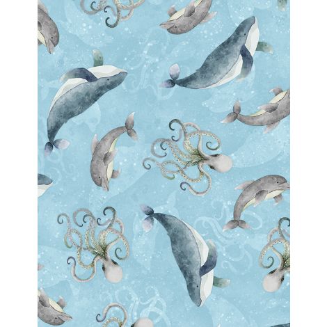 Paradise Bay Sea Creatures Light Blue Lola Molina Wilmington Prints Fabrics Cotton Fabric