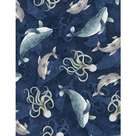 Paradise Bay Sea Creatures Silhouettes Gray Lola Molina Wilmington Prints Fabrics Cotton Fabric