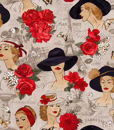 Paris Roses and Ladies Beige Blank Quilting Cotton Fabric