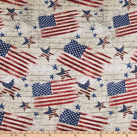 Patriot Rustic American Flags Stars Natural Timeless Treasures Cotton Fabric