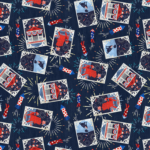 Patriotic Picnic Tossed Images Boxes Navy Andrea Tachiera Henry Glass Cotton Fabric HG-632-77 | US Fabric Shop