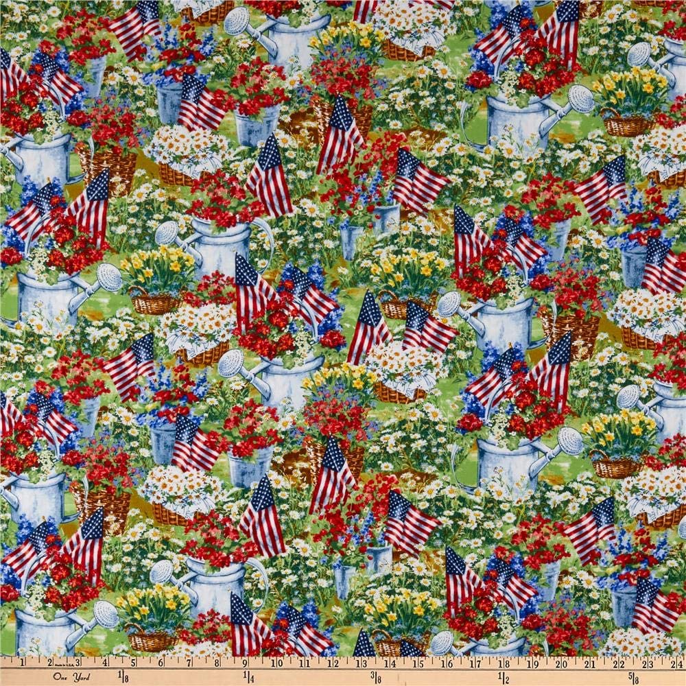 Patriotic Garden Floral and Flags Allover Multi Dona Gelsinger Timeless Treasures Cotton Fabric