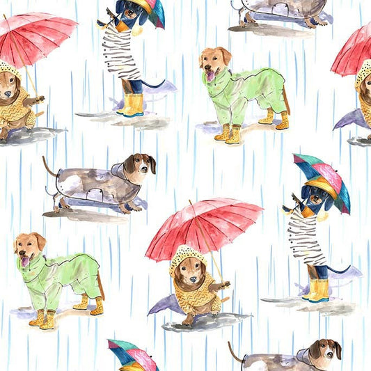 Paws in the Rain Dogs in the Rain White Michael Miller Cotton Fabric MM-DDC12400-WHIT-D