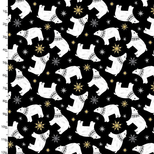 Peace Earth Polar Bear Glitter Black Beth Albert 3 Wishes Cotton Fabric