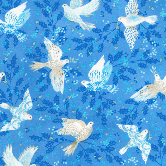 Peaceful White Doves Azure Blue Metallic Sanja Rescek Robert Kaufman Cotton Fabric RK-AQODM-23103-64