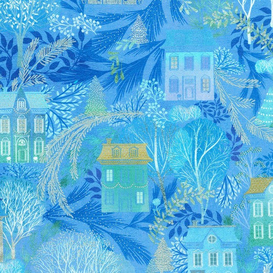 Peaceful Winter Houses Azure Blue Metallic Sanja Rescek Robert Kaufman Cotton Fabric RK-AQODM-23102-64
