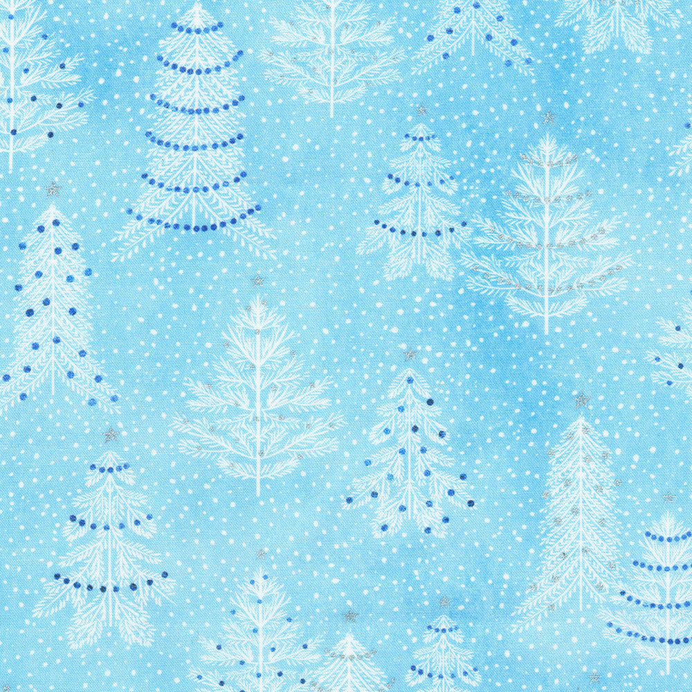 Peaceful Winter Trees Sky Light Blue Metallic Sanja Rescek Robert Kaufman Cotton Fabric RK-AQODM-23105-63 | US Fabric Shop