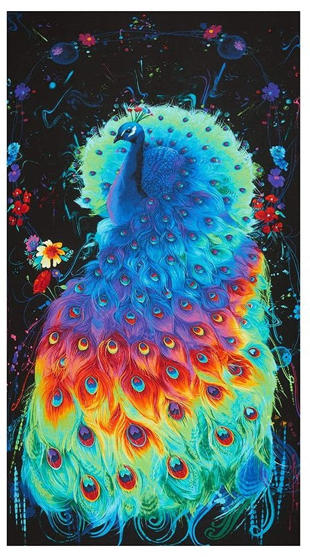 Peacock Glow Rainbow Panel 24" Black Timeless Treasures Cotton Fabric