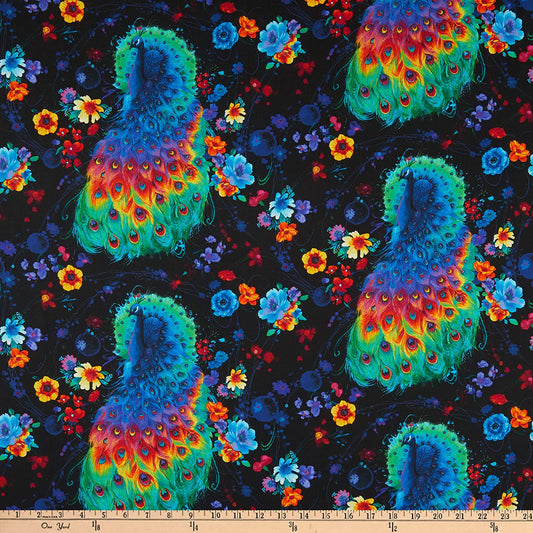 Peacock and Flowers Glow Rainbow Black Timeless Treasures Cotton Fabric