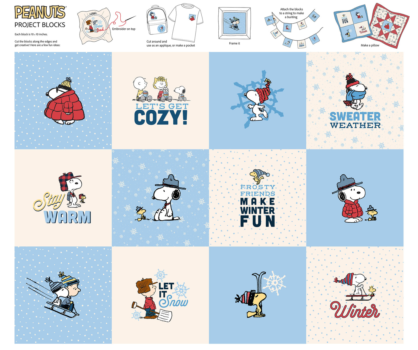 Peanuts Frosty Project Blocks Panel 35" White Multi Licensed Northcott Cotton Fabric NC-P1029-10