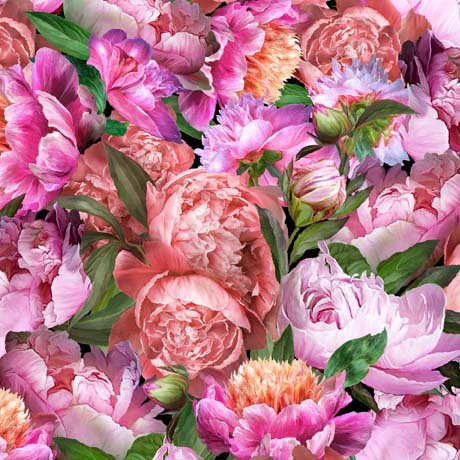 Peony Romance Packed Peonies Pink Carol Cavalaris Quilting Treasures Cotton Fabric