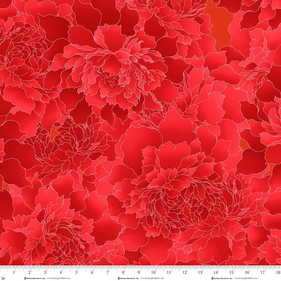 Peony Paradise 118" Wide back Flame Red Color Principle Henry Glass Cotton Fabric HG-3603W-88