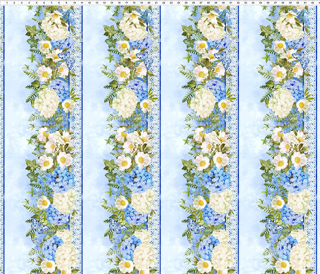 Periwinkle Spring Border Stripe Floral Blue Jason Yenter In the Beginning Fabrics Cotton Fabric