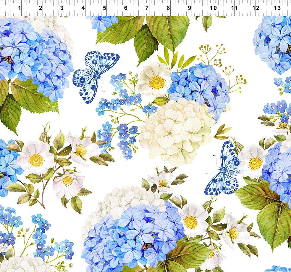 Periwinkle Spring Large Floral Hydrangeas White Jason Yenter In the Beginning Cotton Fabric