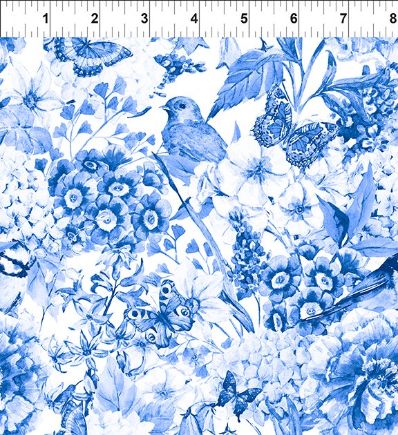 Periwinkle Spring Toile Floral Bird Butterflies Blue Jason Yenter In the Beginning Fabrics Cotton Fabric