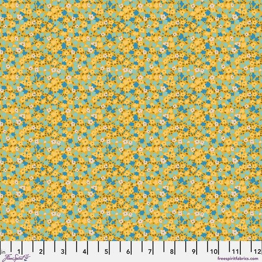 Petite Prints Ditsy Chamomile Floral Yellow Blue August Ellery Free Spirit Cotton Fabric FS-PWAE001.CHAMOMILE