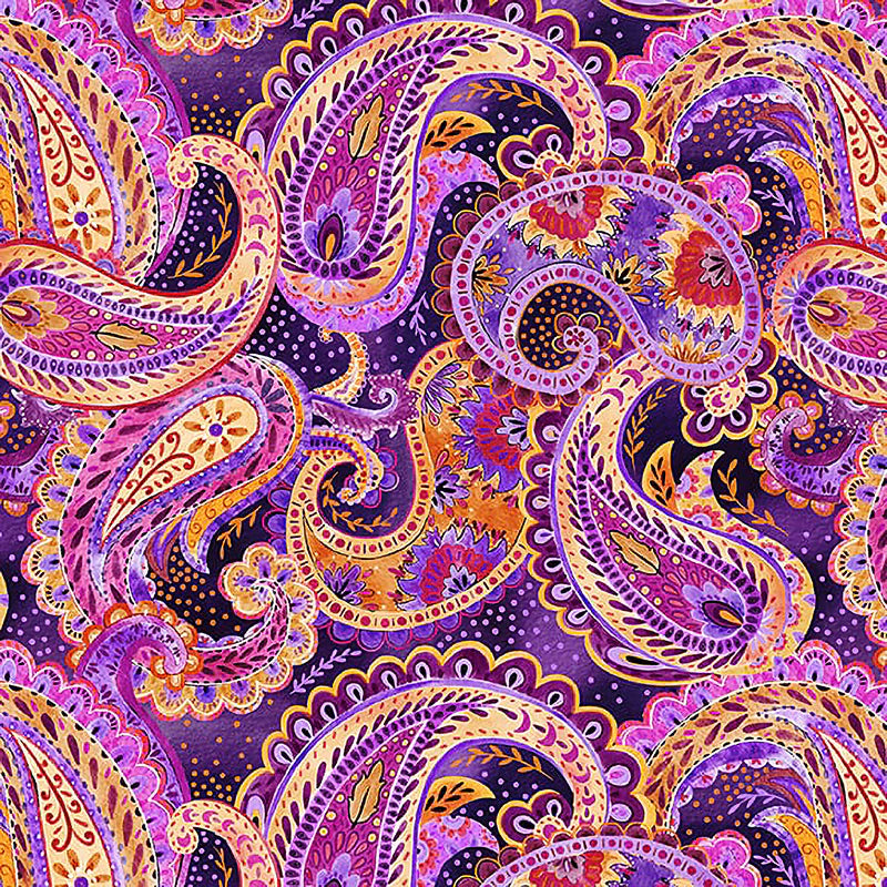 Petra Paisley Floral Purple Sat Moon Designs Blank Quilting Cotton Fabric