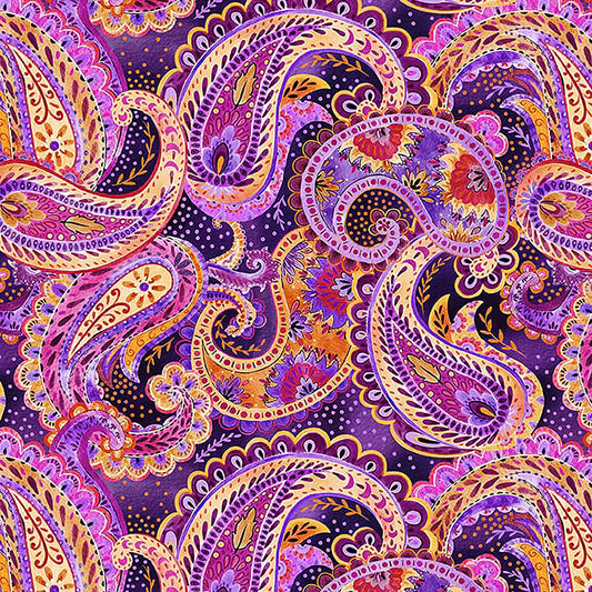 Petra Paisley Floral Purple Sat Moon Designs Blank Quilting Cotton Fabric