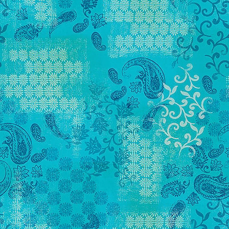 Petra Tonal Patchwork Paisley floral Turquoise Blue Green Sat Moon Designs Blank Quilting Cotton Fabric