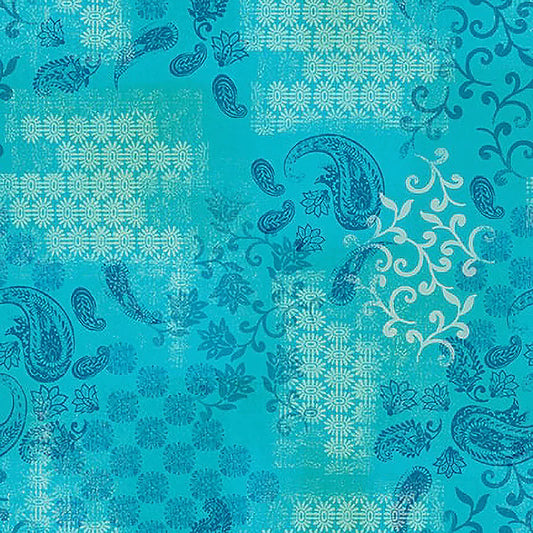 Petra Tonal Patchwork Paisley floral Turquoise Blue Green Sat Moon Designs Blank Quilting Cotton Fabric