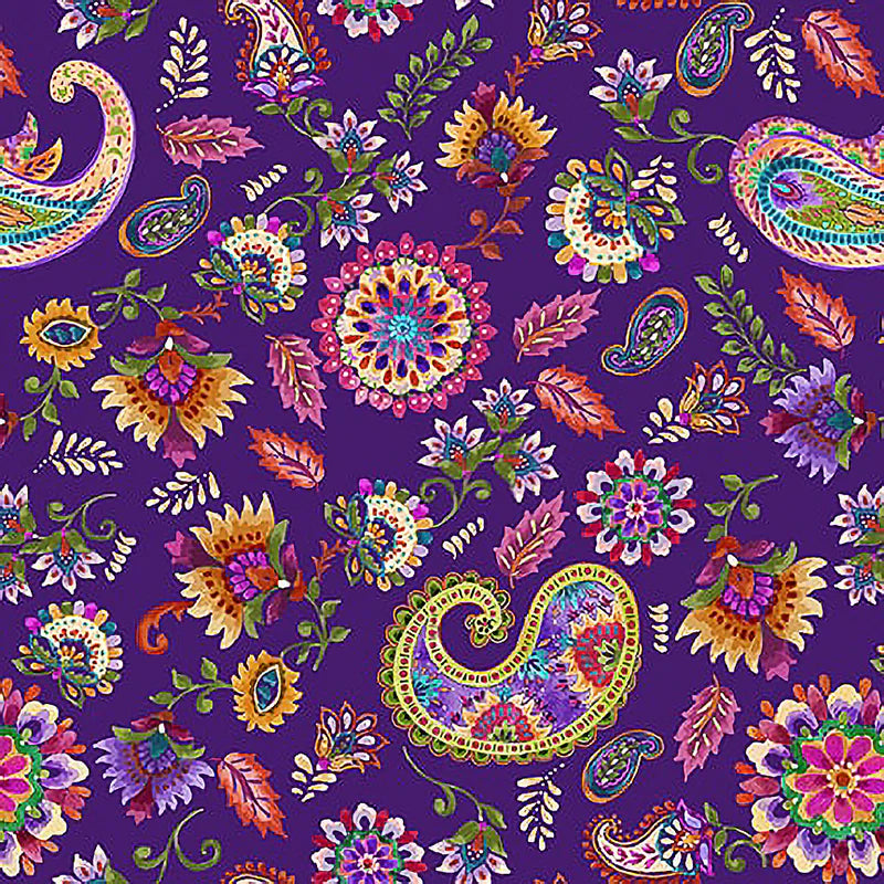 Petra Tossed Paisley Medallion Floral Purple Sat Moon Designs Blank Quilting Cotton Fabric