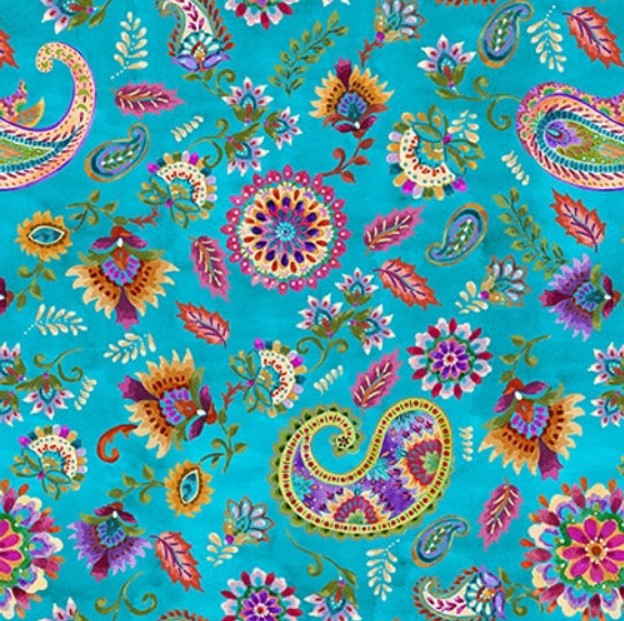 Petra Tossed Paisley Medallion Floral Turquoise Blue Green Sat Moon Designs Blank Quilting Cotton Fabric