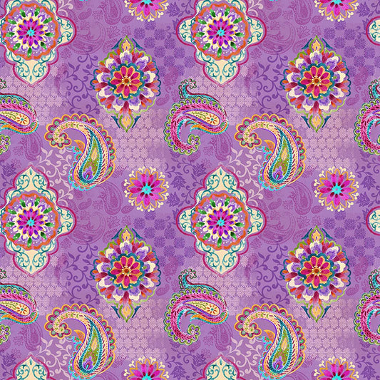 Petra Tossed Paisley Medallion on Tonal Patchwork Lilac Purple Sat Moon Blank Quilting Cotton Fabric