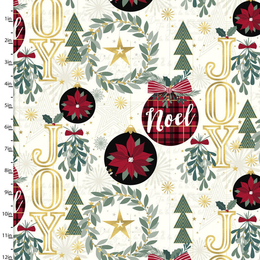 Mistletoe & Metallic Christmas Wreaths and Ornaments White Katie Yost 3 Wishes Cotton Fabric