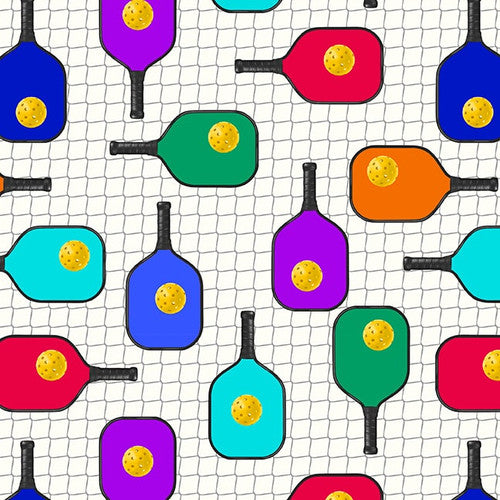 Pickleball Anyone? Pickleball Paddles on Net White Urban Essence Designs Blank Quilting Cotton Fabric | US Fabric Shop