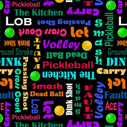 Pickleball Anyone? Pickleball Words Black Urban Essence Designs Blank Quilting Fabric Cotton Fabric