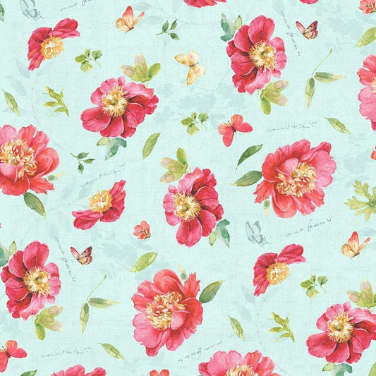Pink Garden Floral Toss Team Blue Lisa Audit Wilmington Prints Cotton Fabric