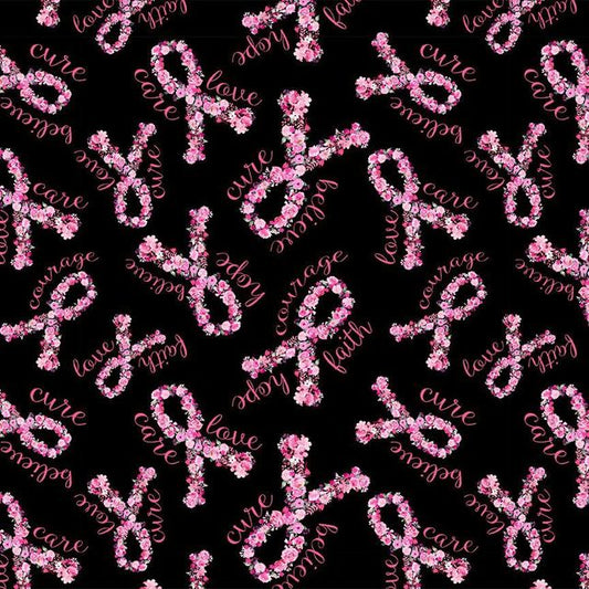 Pink Ribbon Floral Black Gail Cadden Timeless Treasures Cotton Fabric