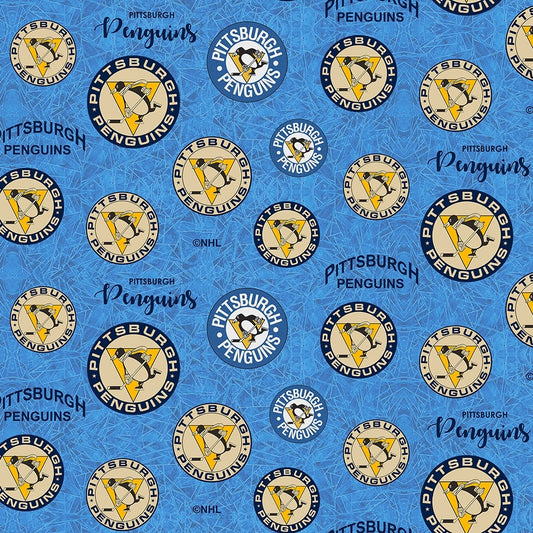 Pittsburgh Penguins NHL Hockey Medallions Blue Design Cotton Fabric