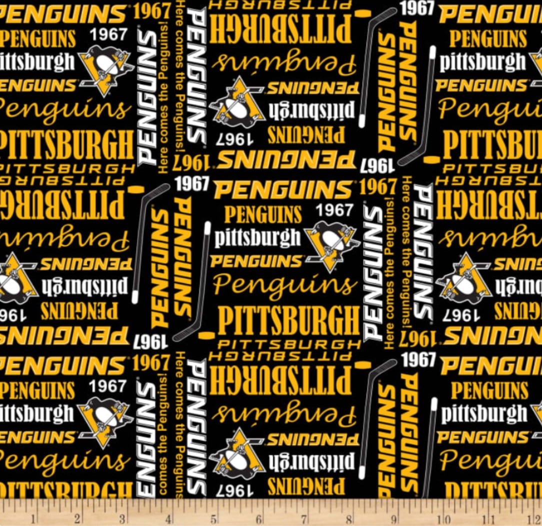 Pittsburgh Penguins NHL Hockey Words Allover Design Cotton Fabric