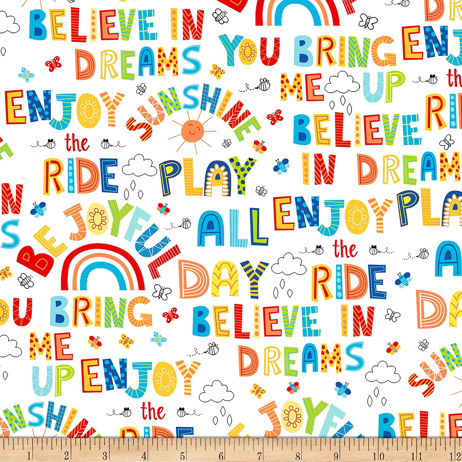 Play All Day Words and Motifs White Studio E Cotton Fabric | US Fabric Shop