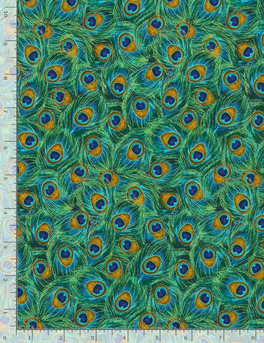 Plume Packed Peacock Feather Jade Green Metallic Chong-A-Hwang Timeless Treasures Cotton Fabric