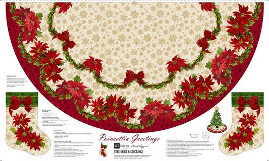 Poinsettia Greetings Tree Skirt and Stocking Panel 36"x60" Tina Higgins Quilting Treasures Cotton Fabric QT-2600-3181-X