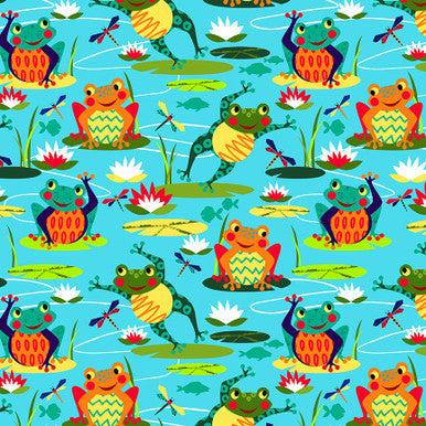 Pond Life Scenic Frogs Turquoise Elsie Ess Blank Quilting Cotton Fabric BQ-2966-70