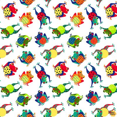 Pond Life Tossed Frogs White Elsie Ess Blank Quilting Cotton Fabric BQ-2960-01