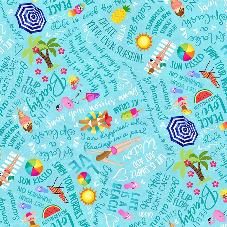 Pool Party Pool Words & Icon Blue Gail Cadden Timeless Treasures Cotton Fabric