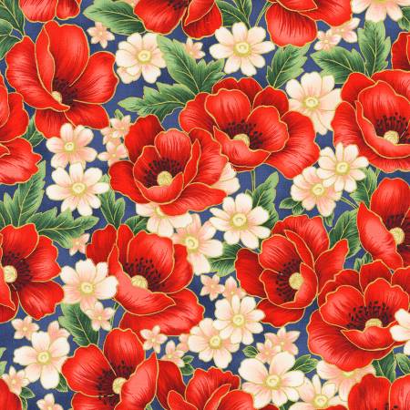 Poppy Hill Poppy Bunch Bouquet Blue Metallic Studio RK Robert Kaufman Cotton Fabric