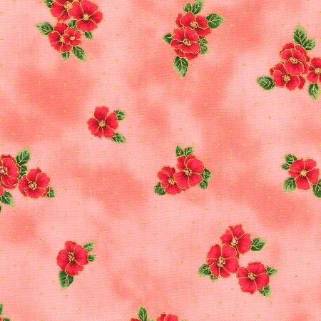 Poppy Hill Poppies Tossed Coral Pink Metallic Studio RK Robert Kaufman Cotton Fabric